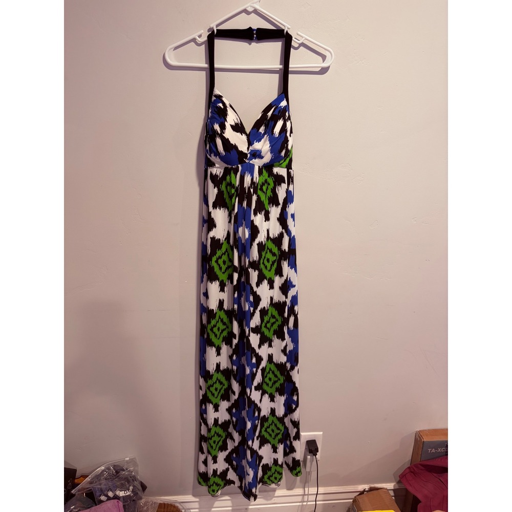 Maggy London Halter Maxi Dress Blue Green Ikat Geometric Print Gown Womens 12